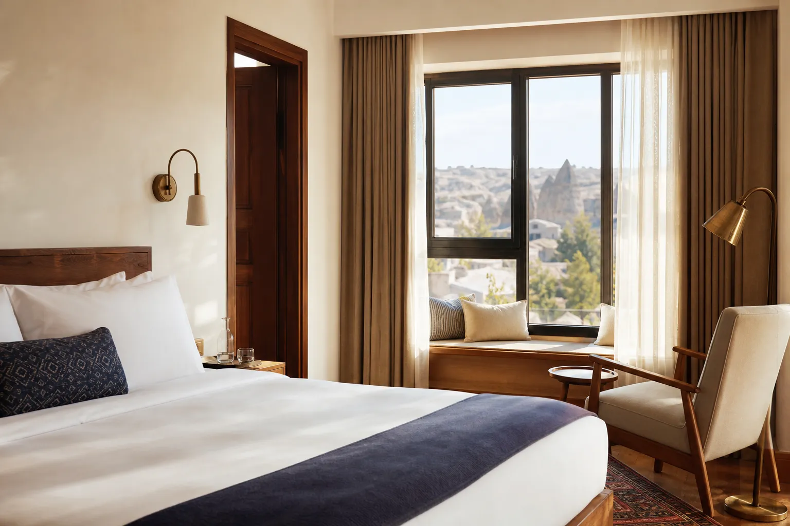 Sıcak ahşap detaylara sahip aydınlık butik otel odası